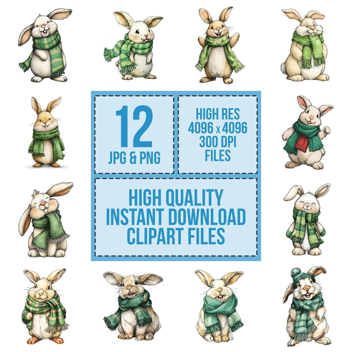 Watercolour Christmas Rabbit Christmas Scarf Clipart Set (DDD007060)