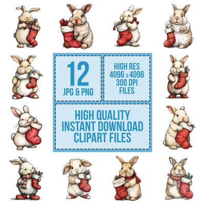 Watercolour Christmas Rabbit Stocking clipart set cover showing the designs and file details