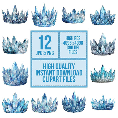 Watercolour Crystal Crown clipart set cover showing the designs and file details