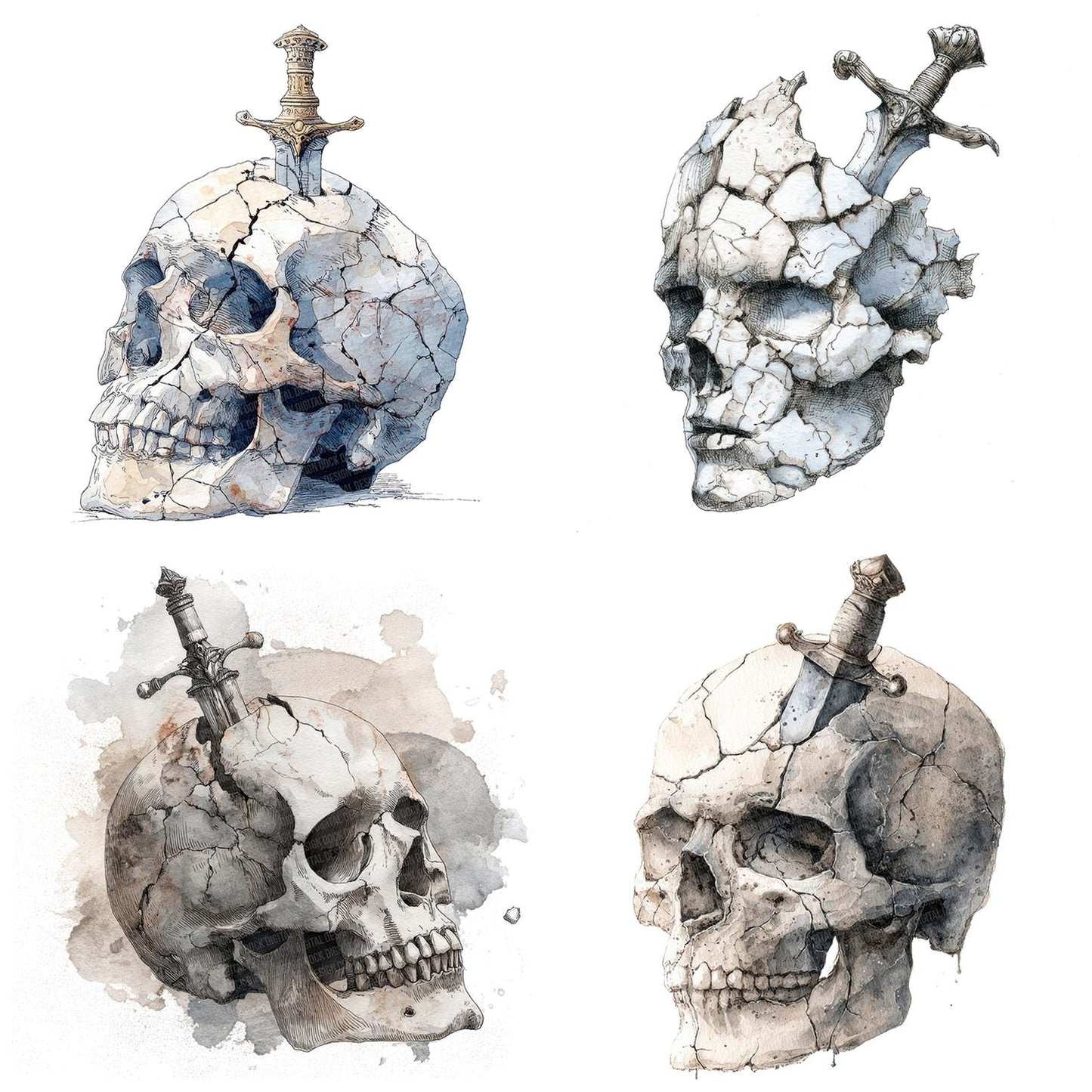 Watercolour Dagger Skull Clipart Set (DDD007086)