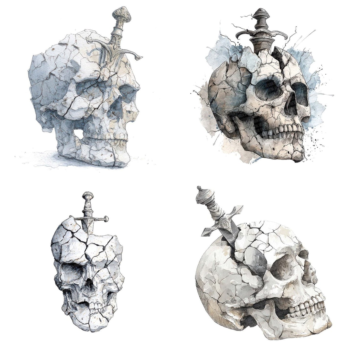 Watercolour Dagger Skull Clipart Set (DDD007086)
