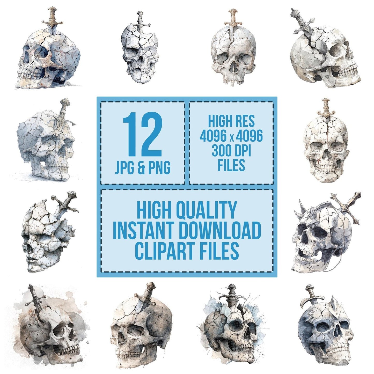 Watercolour Dagger Skull Clipart Set (DDD007086)