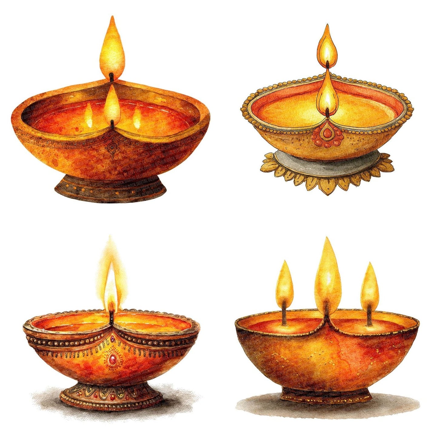 Watercolour Diya Lamp Clipart Set (DDD007091)