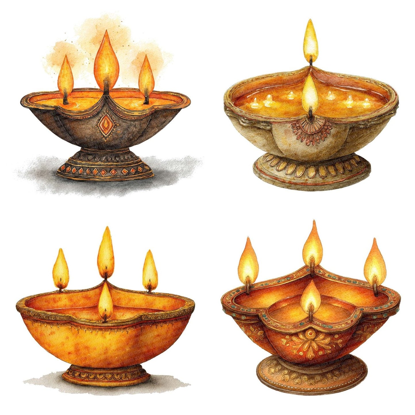 Watercolour Diya Lamp Clipart Set (DDD007091)