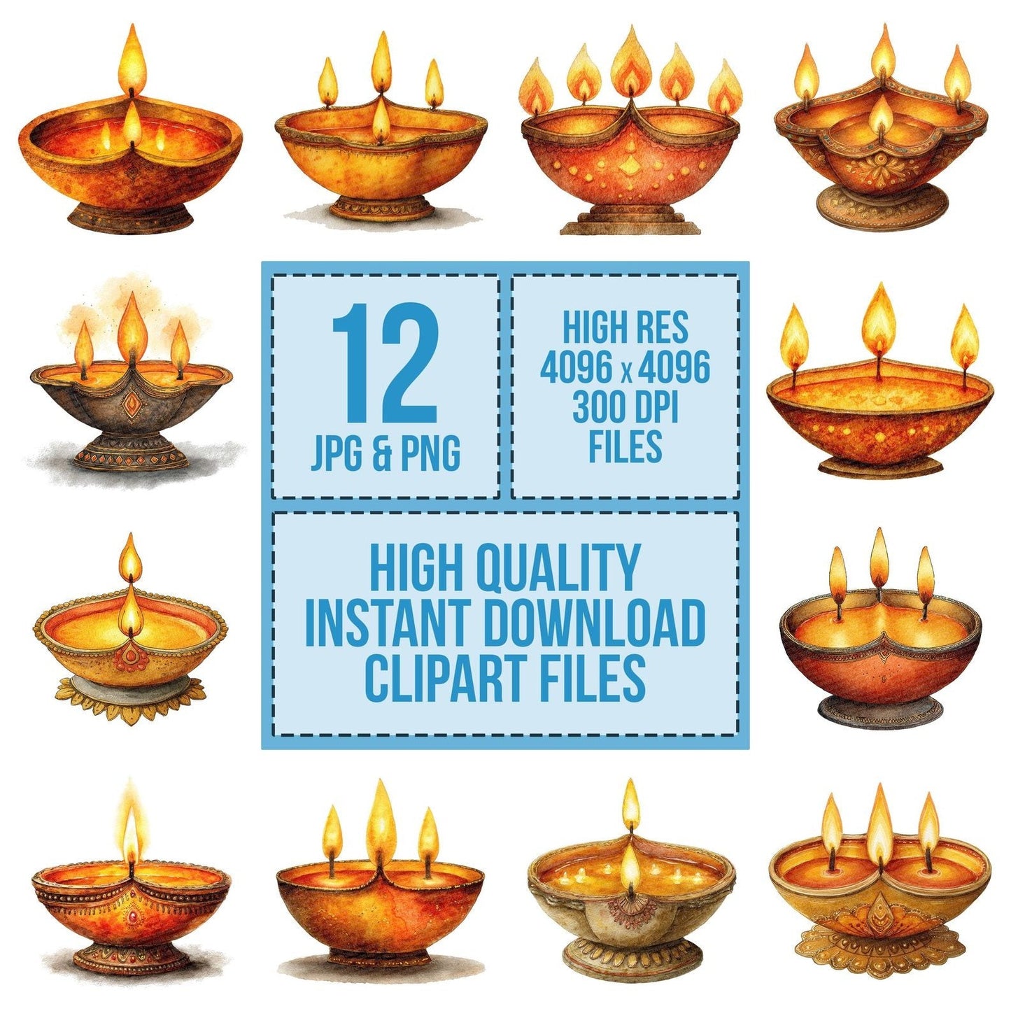 Watercolour Diya Lamp Clipart Set (DDD007091)