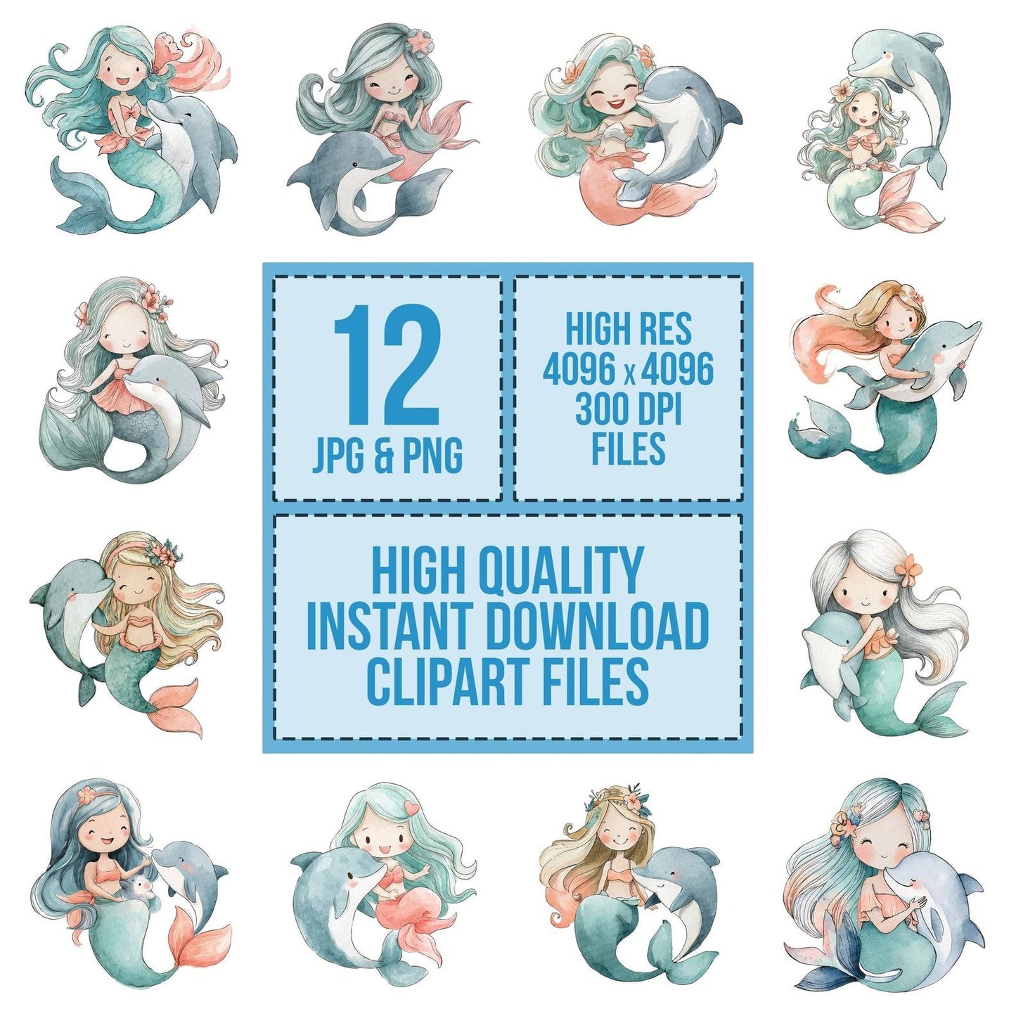 Watercolour Dolphin Mermaid Clipart Set (DDD007094)