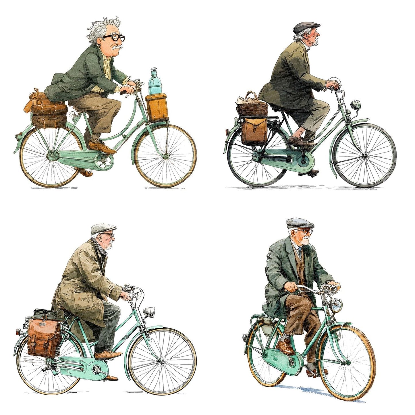 Watercolour Elderly Man Bicycle Clipart Set (DDD007100)