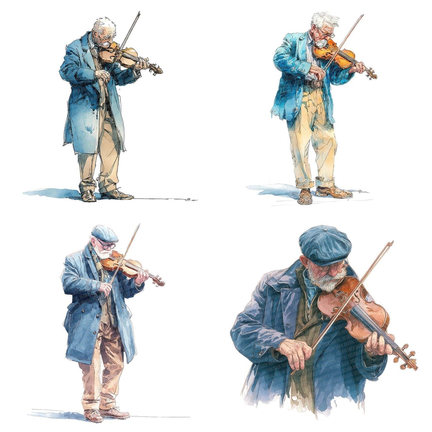 Watercolour Elderly Man Violin Clipart Set (DDD007101)