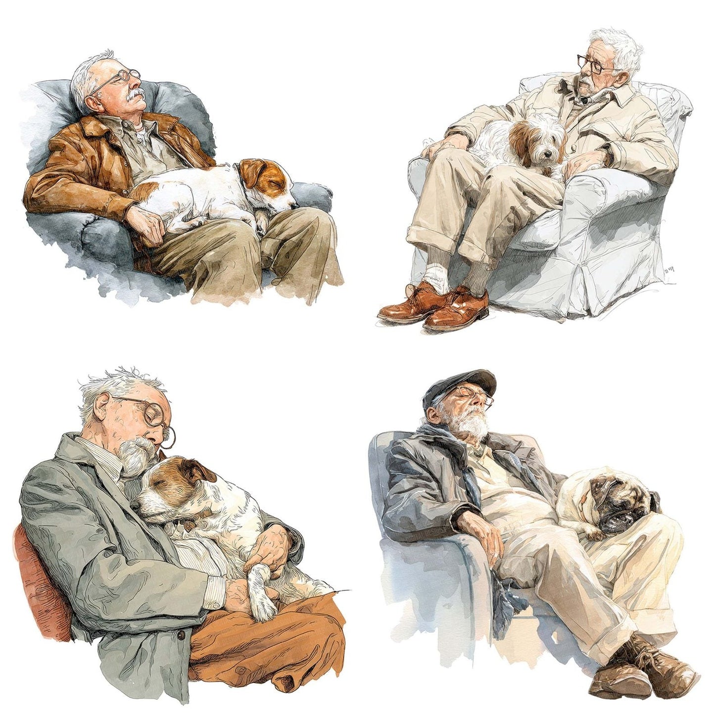 Watercolour Elderly Man with Dog Clipart Set (DDD007102)