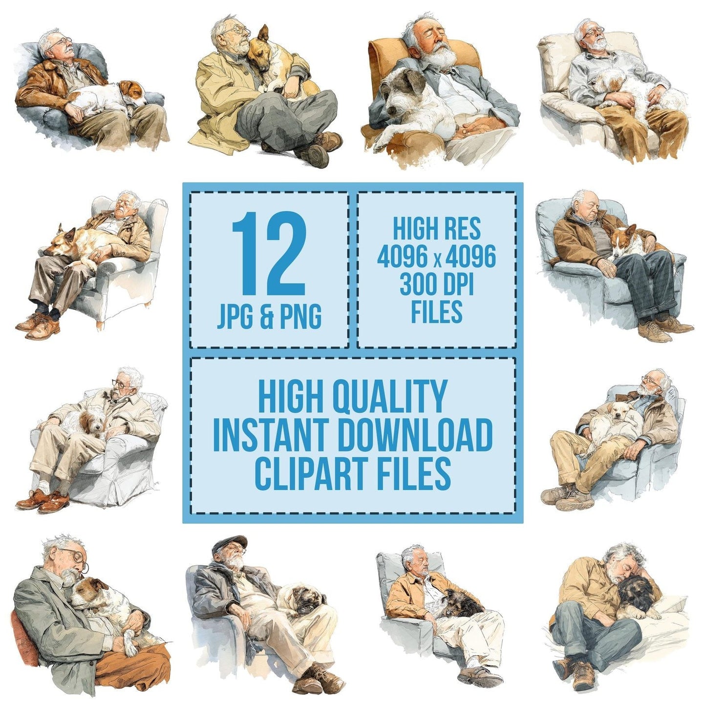 Watercolour Elderly Man with Dog Clipart Set (DDD007102)