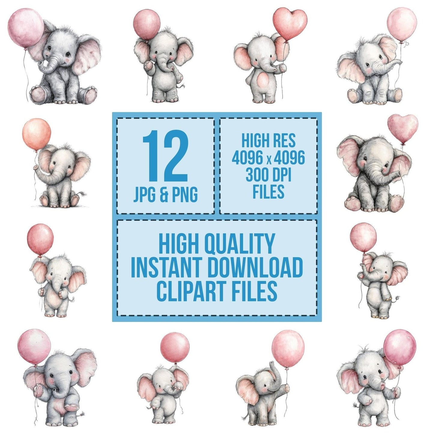 Watercolour Elephant Balloon Clipart Set (DDD007103)