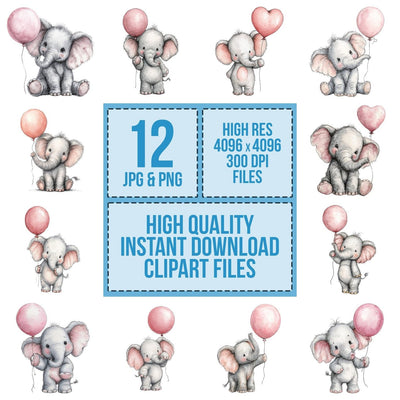 Watercolour Elephant Balloon clipart set cover showing the designs and file details