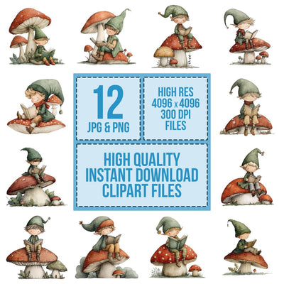 Watercolour Elf Mushroom clipart set cover showing the designs and file details