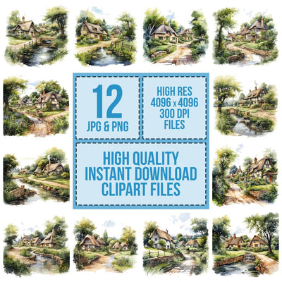 Watercolour English Village Cotswolds clipart set cover showing the designs and file details