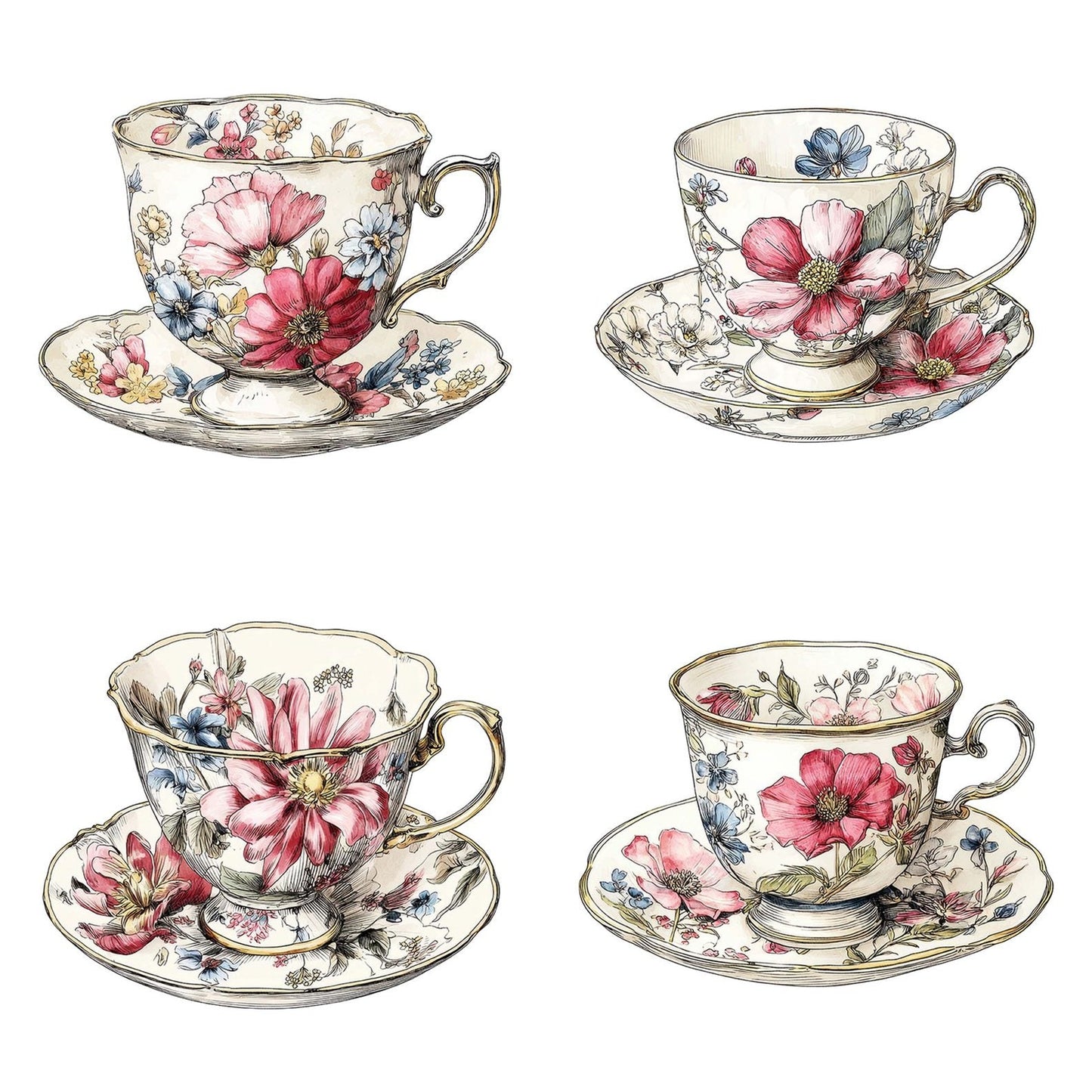 Watercolour Floral China Teacup Clipart Set (DDD007116)