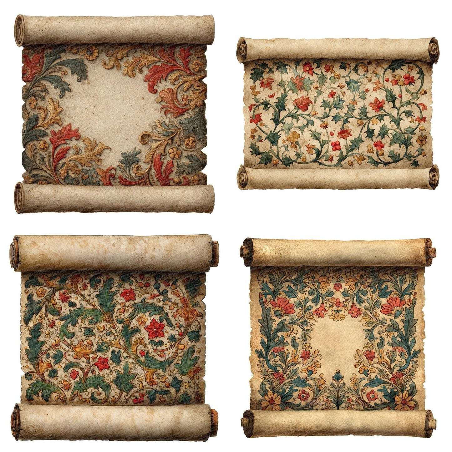 Watercolour Floral Medieval Scroll Clipart Set (DDD007119)