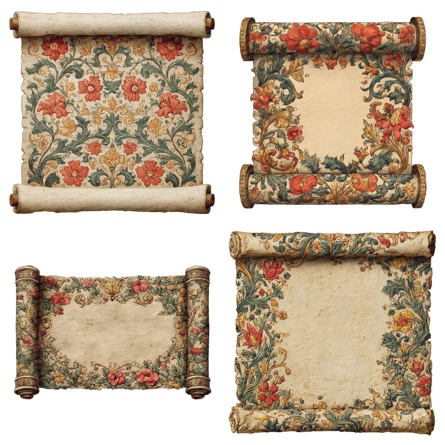 Watercolour Floral Medieval Scroll Clipart Set (DDD007119)