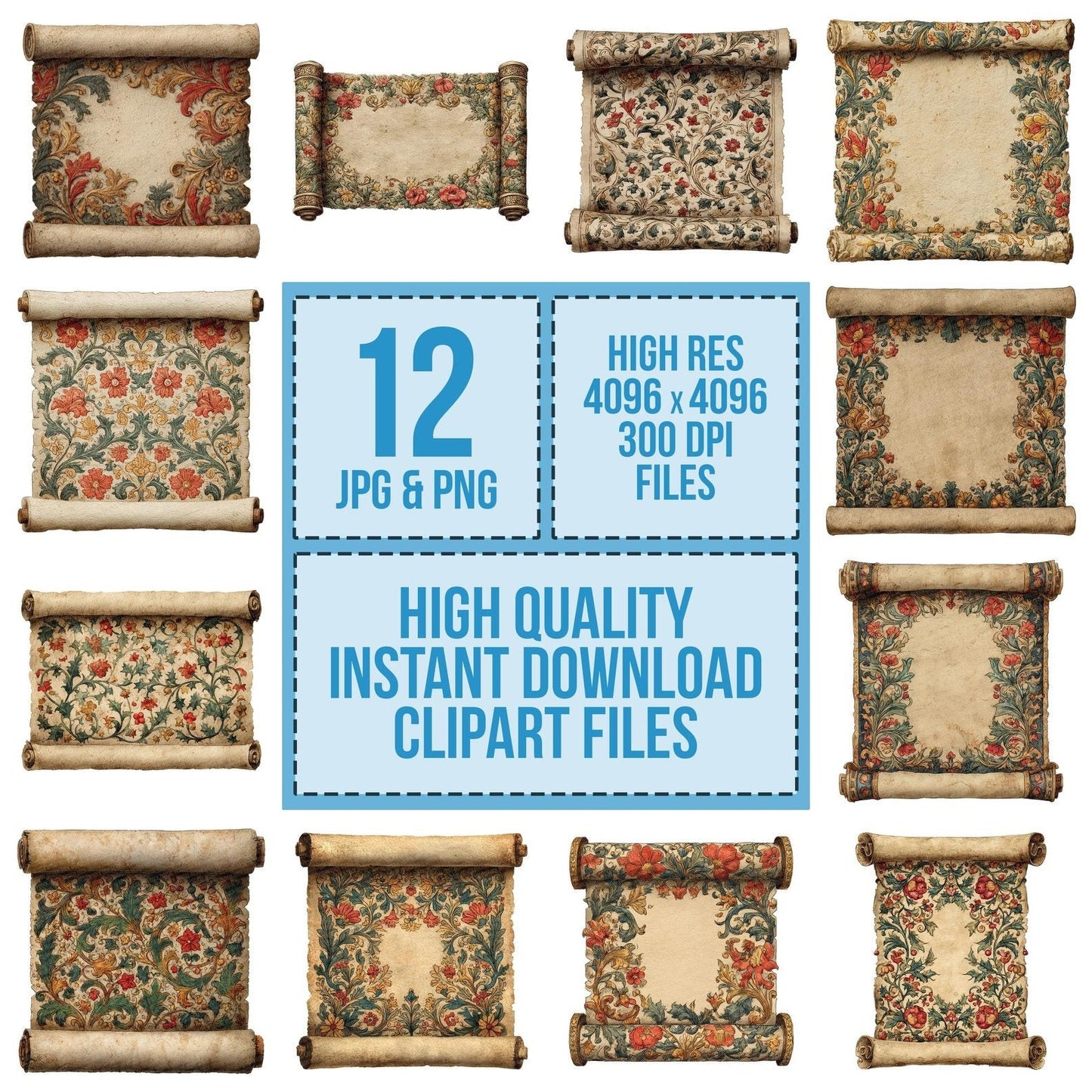 Watercolour Floral Medieval Scroll Clipart Set (DDD007119)
