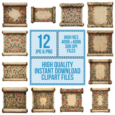 Watercolour Floral Medieval Scroll Clipart Set (DDD007119)
