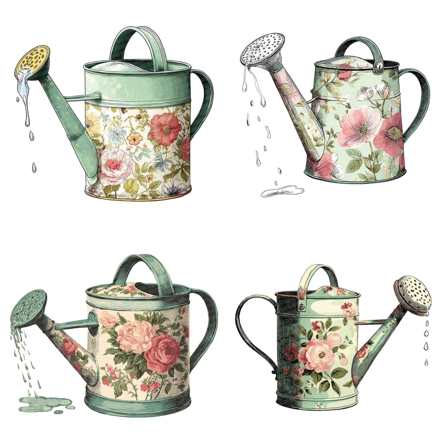 Watercolour Floral Watering Can Clipart Set (DDD007121)