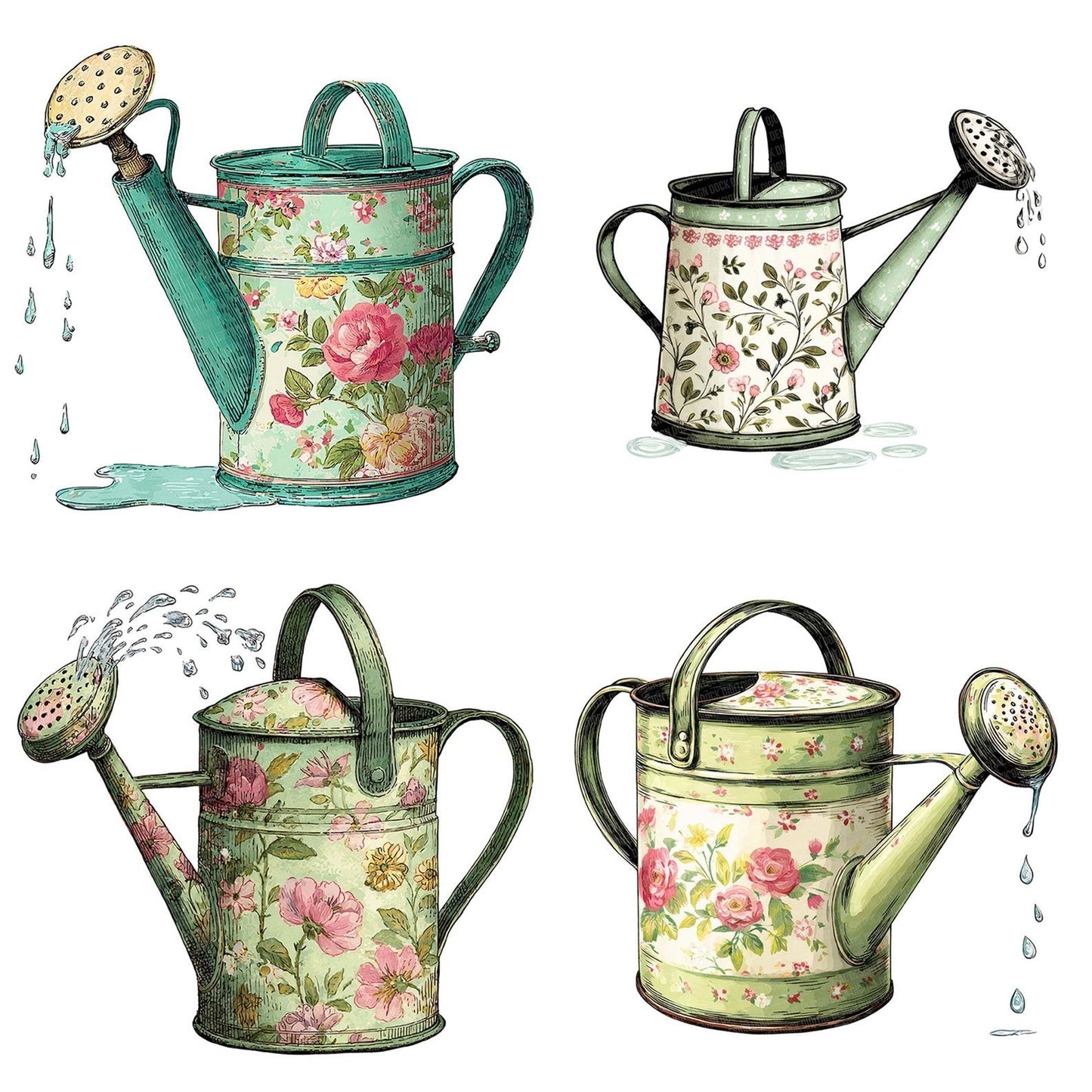 Watercolour Floral Watering Can Clipart Set (DDD007121)