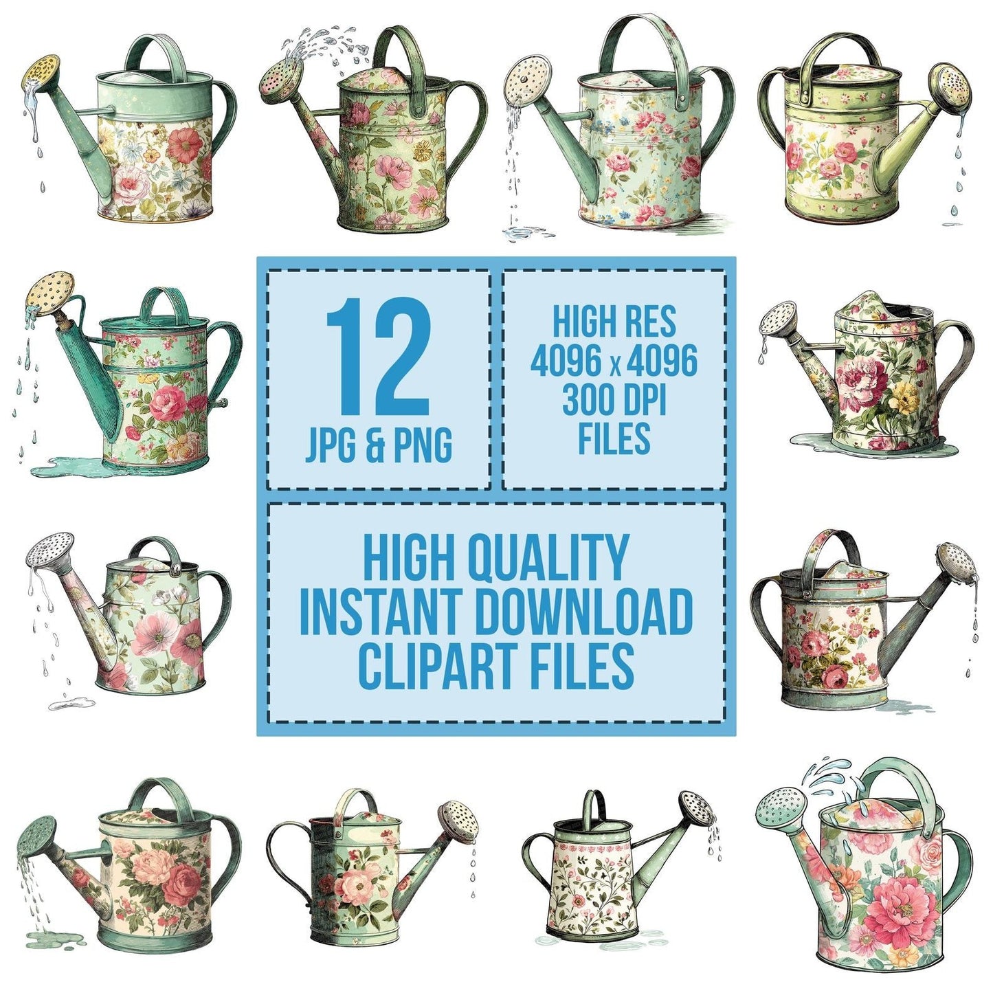 Watercolour Floral Watering Can Clipart Set (DDD007121)