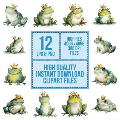 Watercolour Frog Crown clipart set cover showing the designs and file details