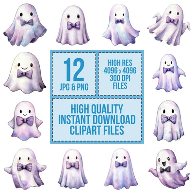 Watercolour Ghost Bow Tie clipart set cover showing the designs and file details