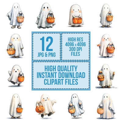 Watercolour Ghost Candy clipart set cover showing the designs and file details