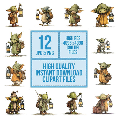 Watercolour Goblin Lantern clipart set cover showing the designs and file details