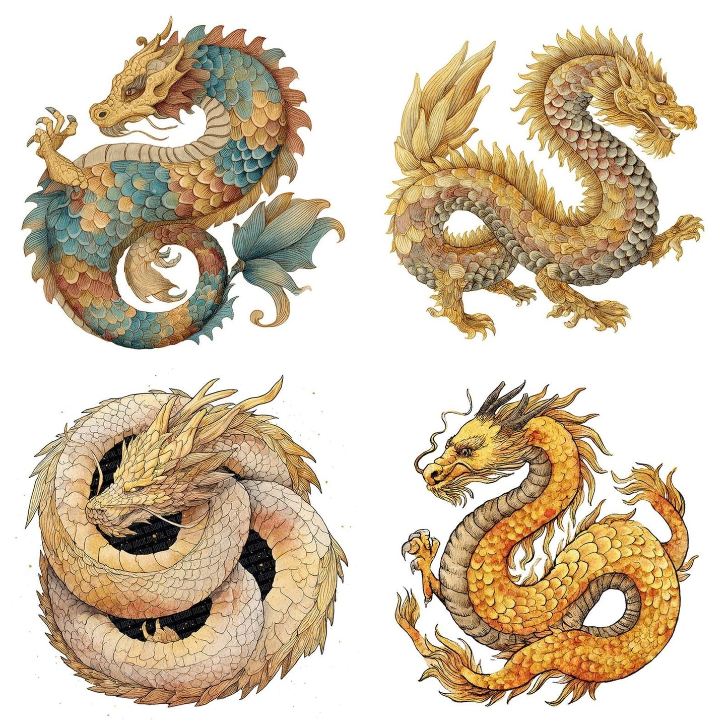 Watercolour Golden Dragon Clipart Set (DDD007145)