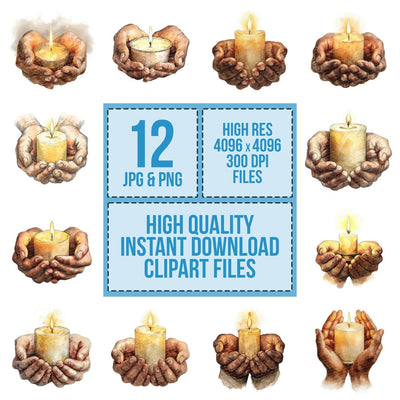 Watercolour Hands with Candle clipart set cover showing the designs and file details