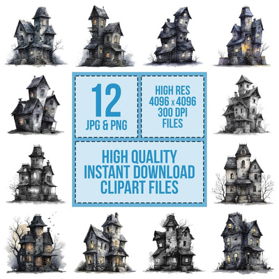Watercolour Haunted House clipart set cover showing the designs and file details