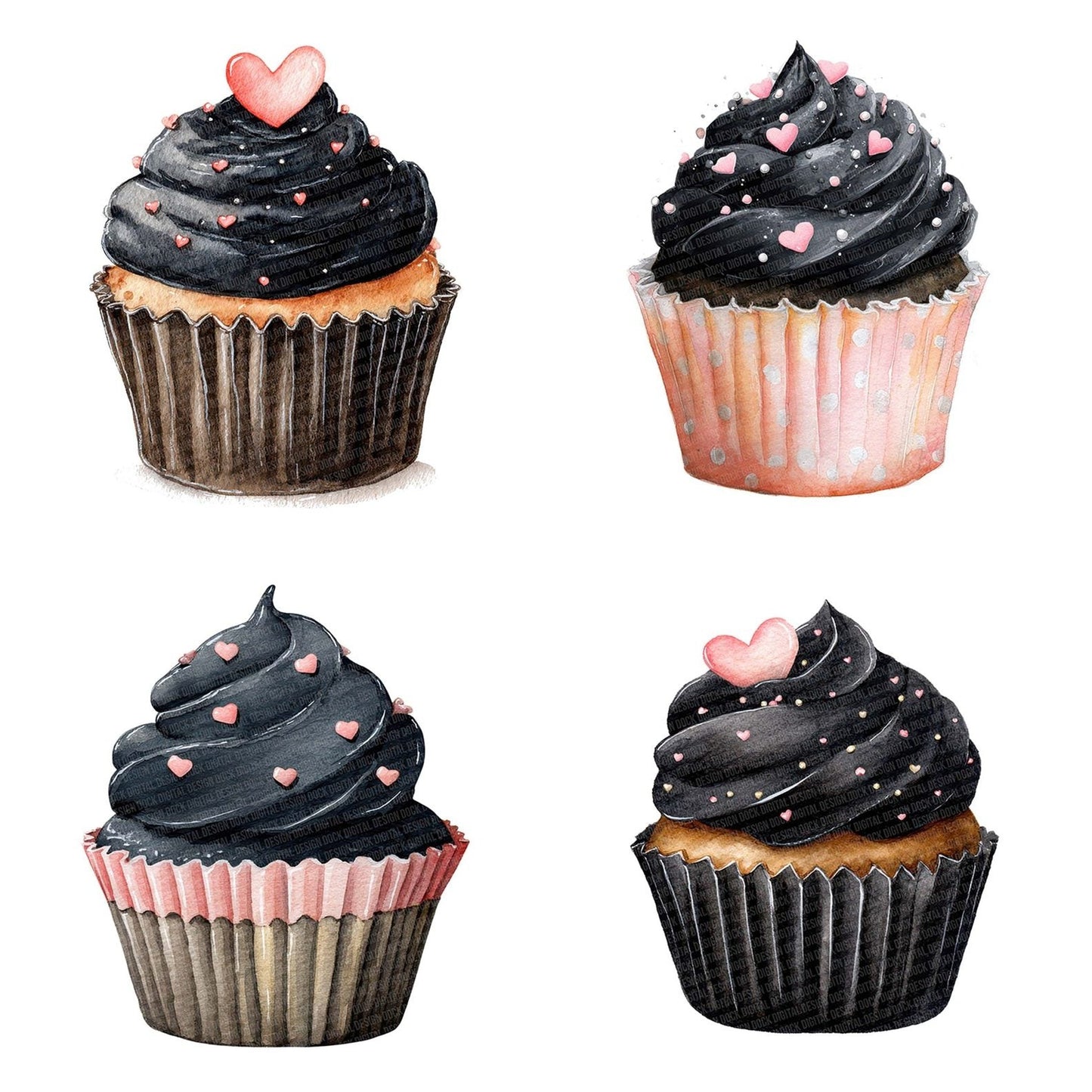 Watercolour Heart Cupcake Clipart Set (DDD007166)
