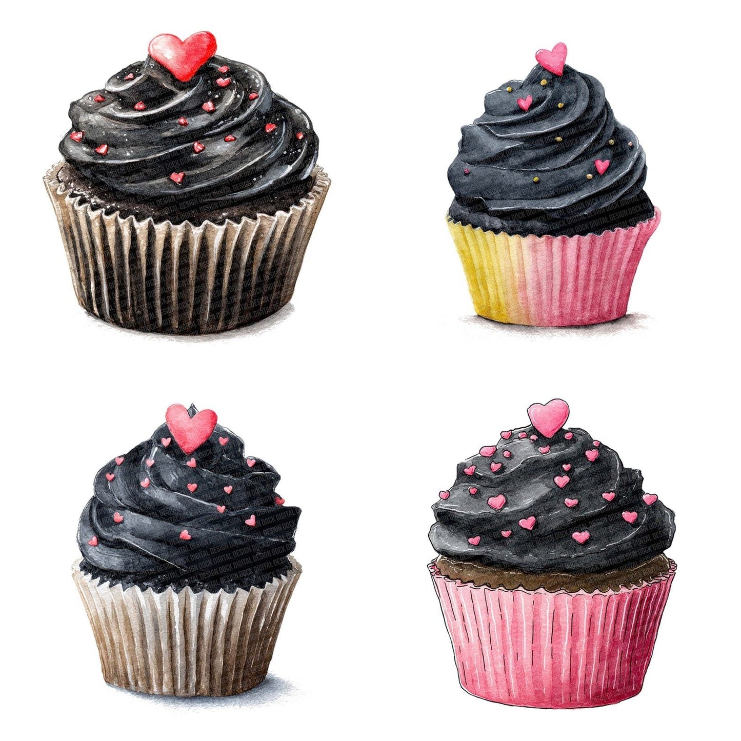 Watercolour Heart Cupcake Clipart Set (DDD007166)