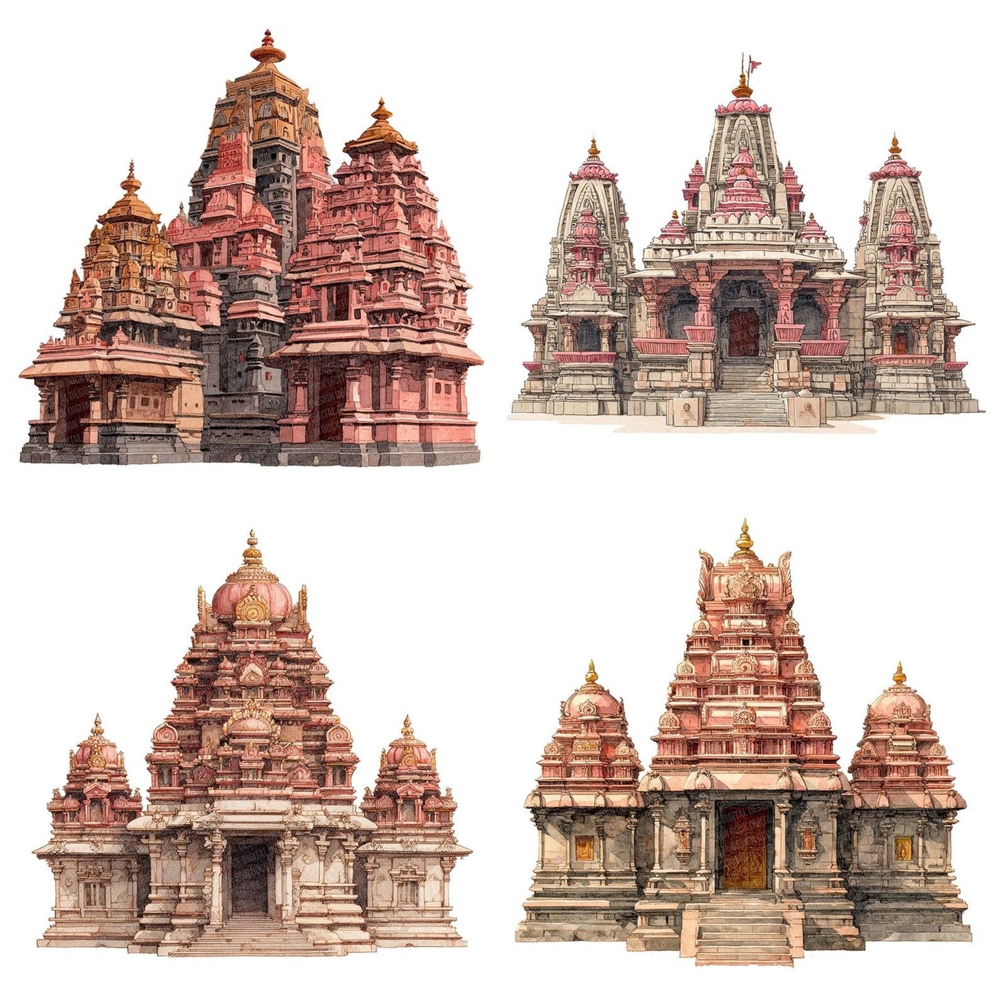 Watercolour Hindu Temple Building Clipart Set (DDD007172)