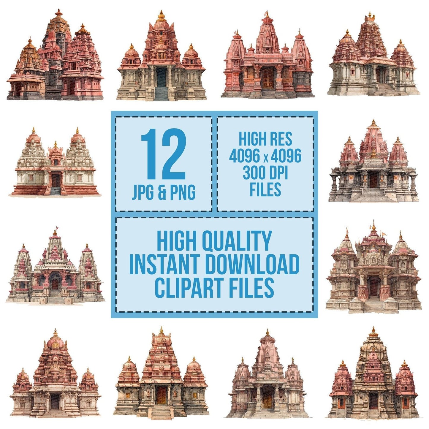 Watercolour Hindu Temple Building Clipart Set (DDD007172)