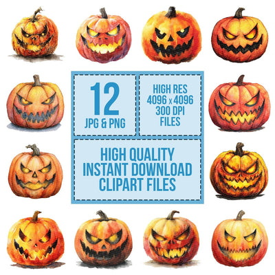 Watercolour Jack O Lantern clipart set cover showing the designs and file details