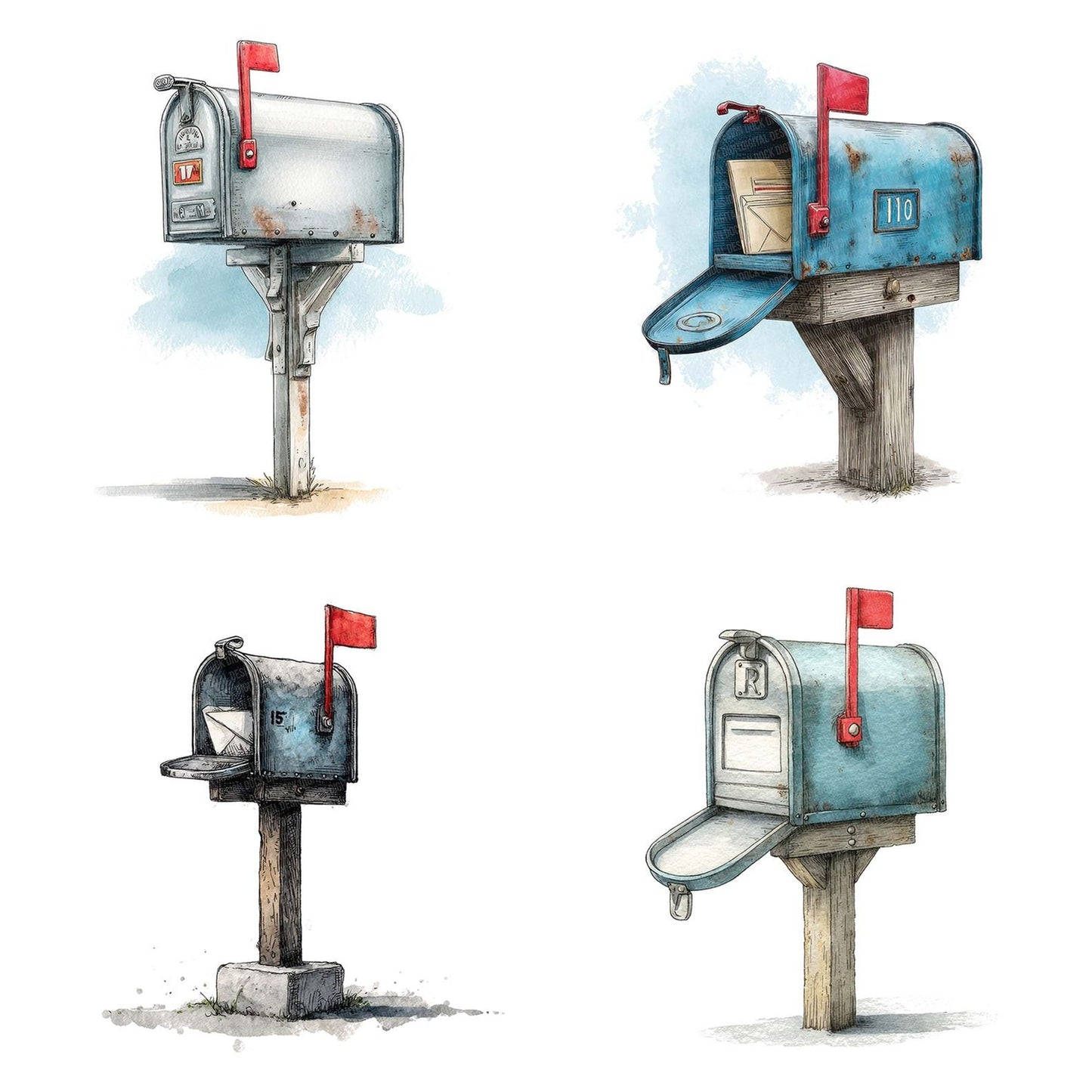 Watercolour Mailbox Flag Clipart Set (DDD007201)
