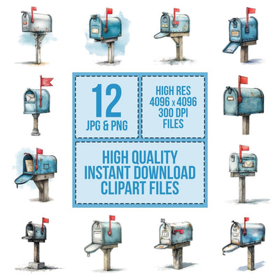Watercolour Mailbox Flag clipart set cover showing the designs and file details