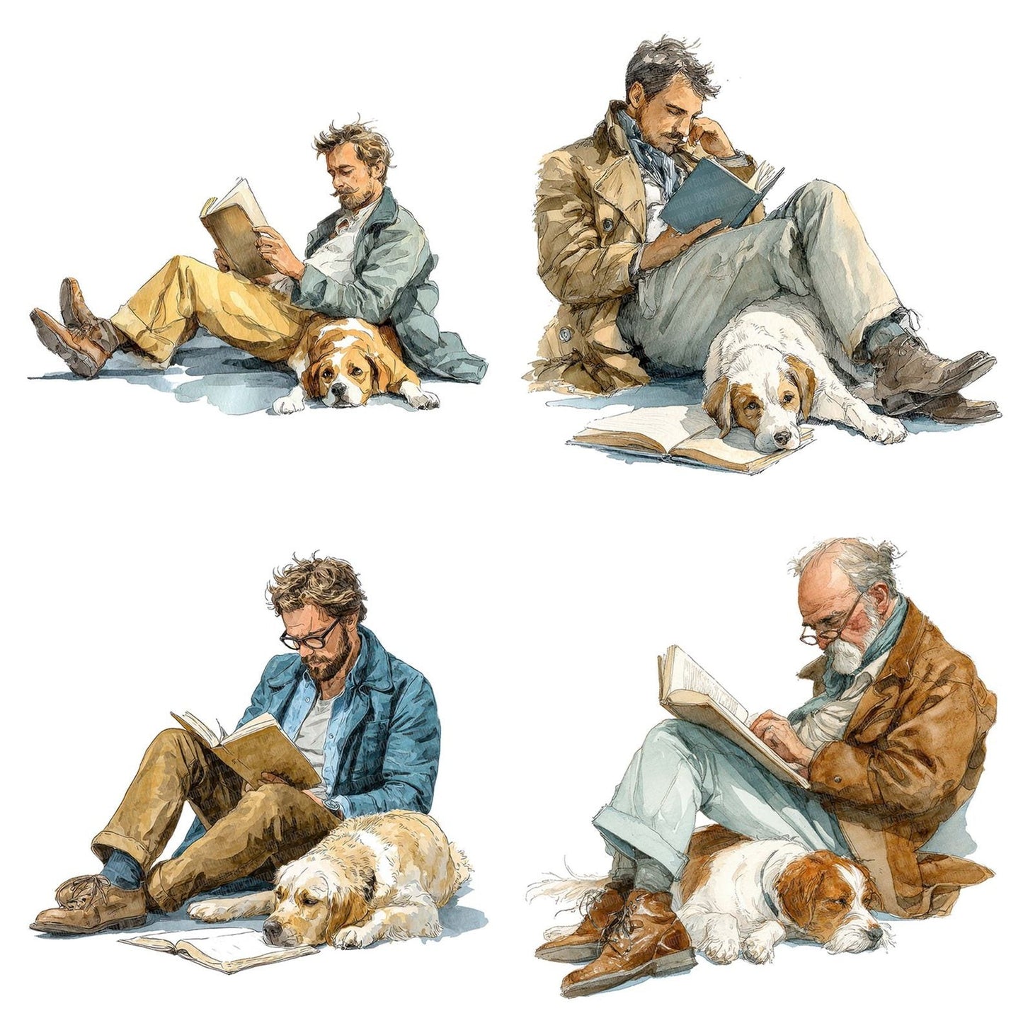 Watercolour Man Reading with Dog Clipart Set (DDD007208)