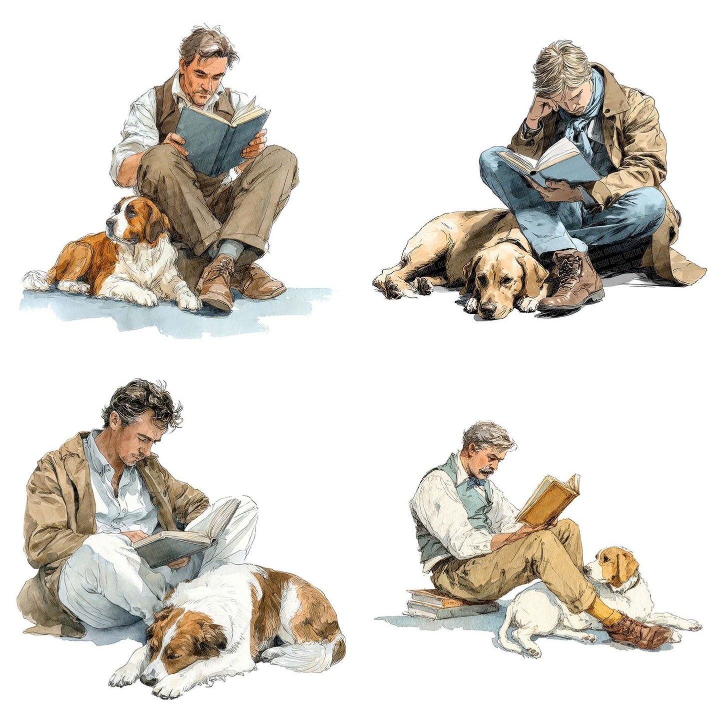 Watercolour Man Reading with Dog Clipart Set (DDD007208)