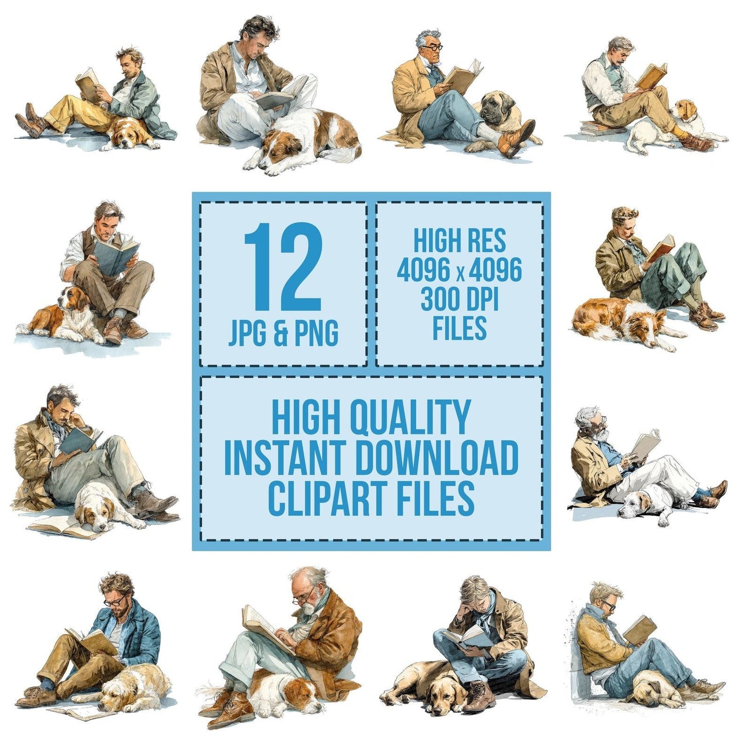 Watercolour Man Reading with Dog Clipart Set (DDD007208)