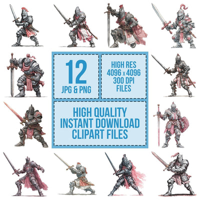 Watercolour Medieval Knight clipart set cover showing the designs and file details