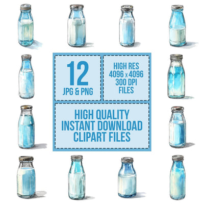 Watercolour Milk Bottle clipart set cover showing the designs and file details