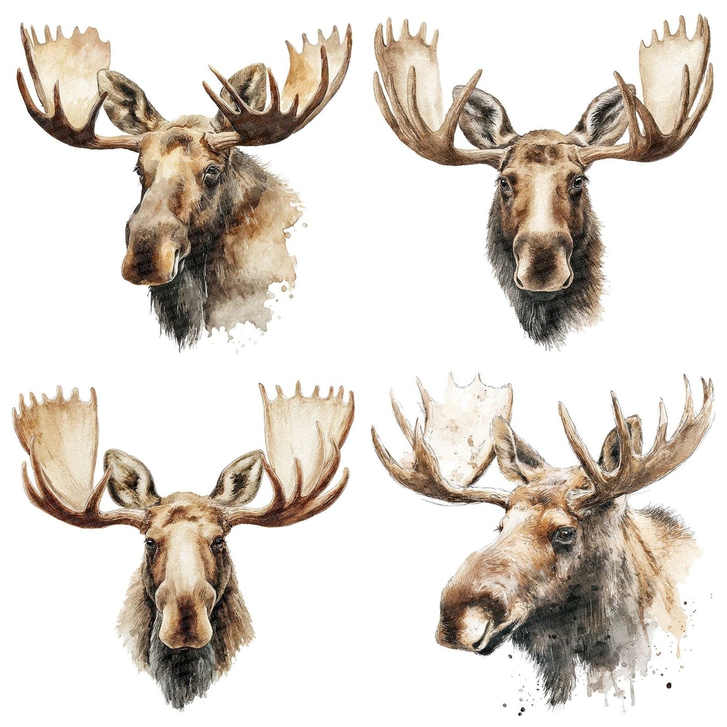 Watercolour Moose Portrait Clipart Set (DDD007222)