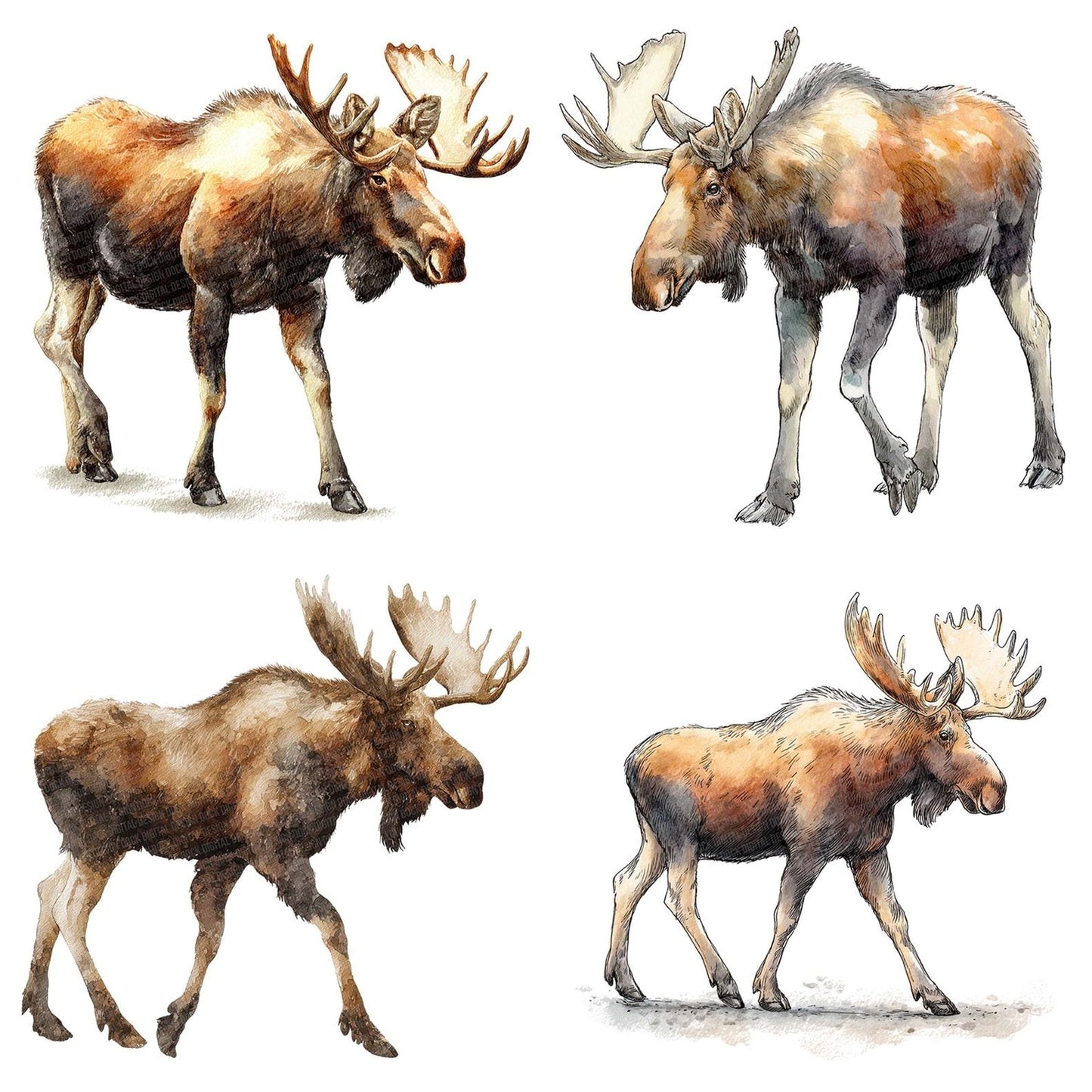 Watercolour Moose Walking Clipart Set (DDD007223)