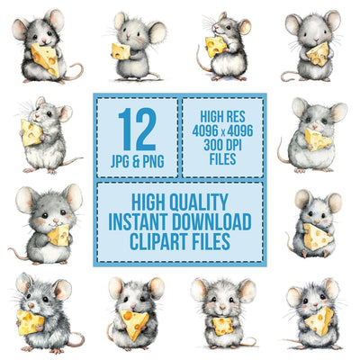 Watercolour Mouse clipart set cover showing the designs and file details