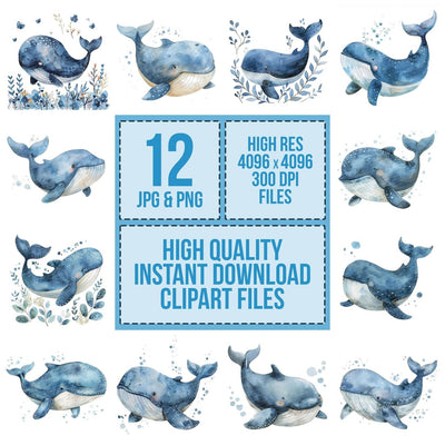 Watercolour Nursery Whale clipart set cover showing the designs and file details