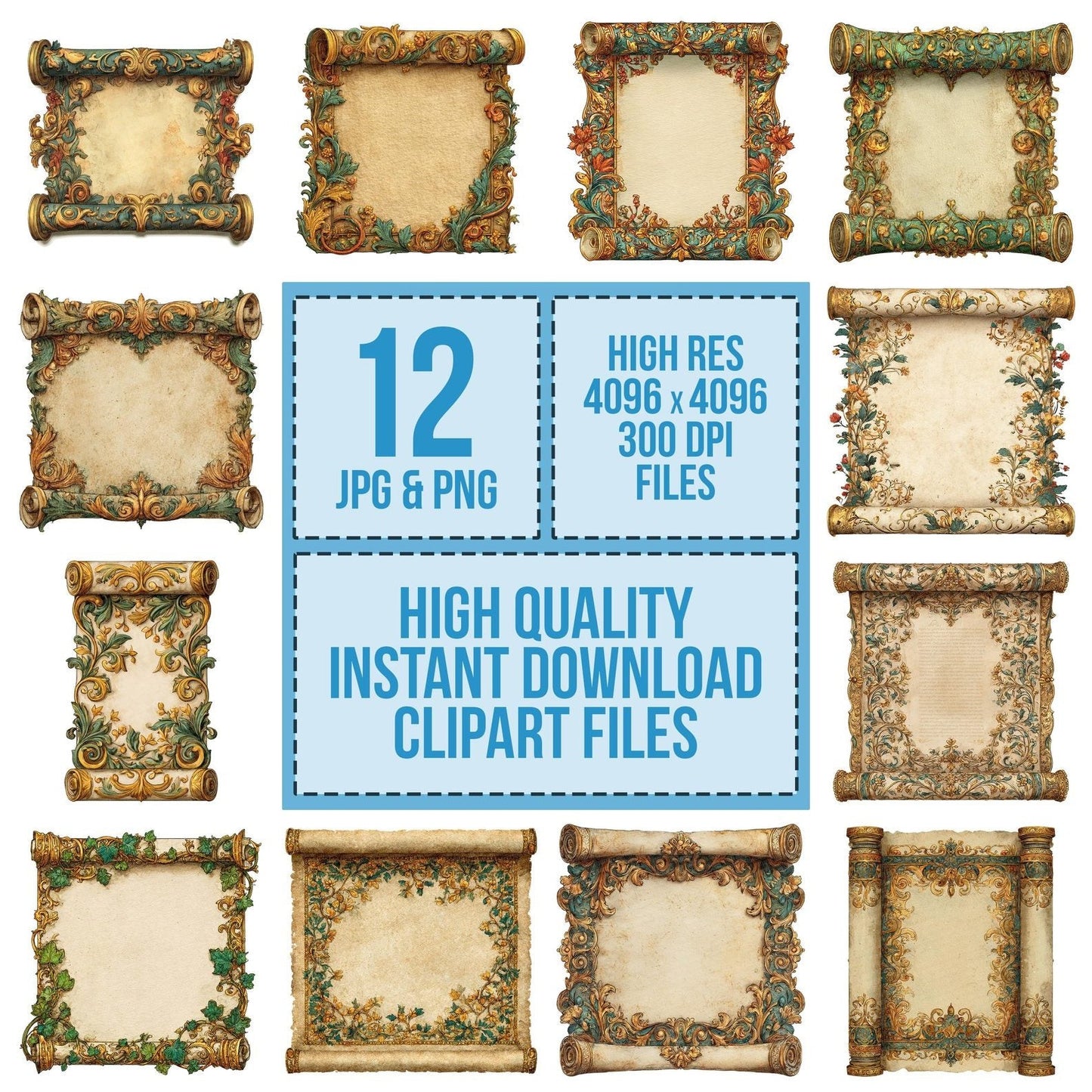 Watercolour Ornate Medieval Scroll Clipart Set (DDD007243)